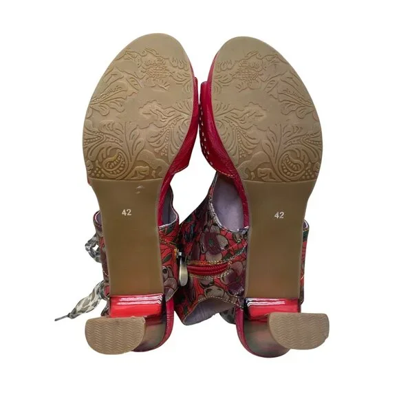 Laura Vita Women’s Red Floral Pattern Leather Open Toe Bow Accent Heels Size 10 - Picture 11 of 11